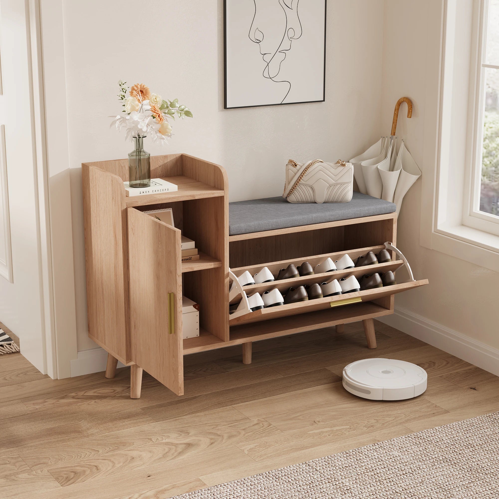 Comanlai Shoe Cabinet, Shoe Bench with Seat, Entrance Furniture for Shoe Cabinet, for Bedroom, Living Room,Entrance, Wood Color