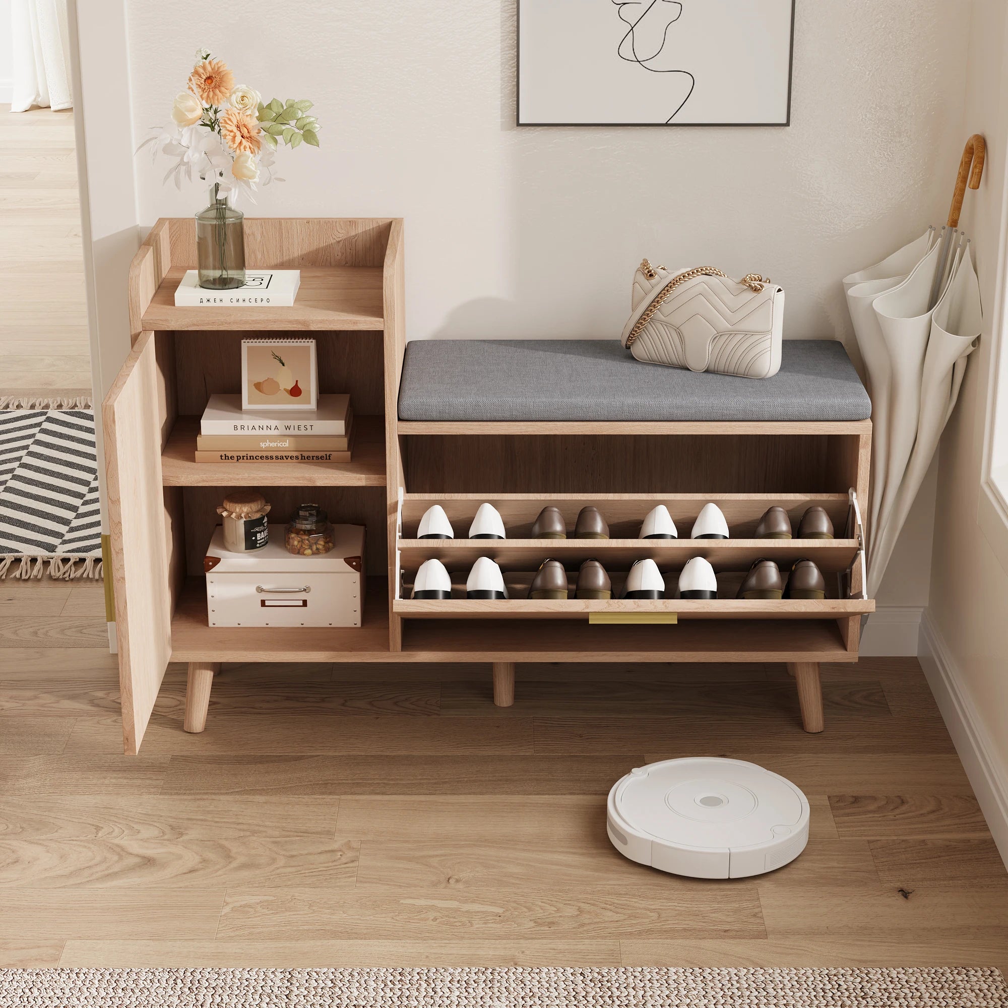 Comanlai Shoe Cabinet, Shoe Bench with Seat, Entrance Furniture for Shoe Cabinet, for Bedroom, Living Room,Entrance, Wood Color