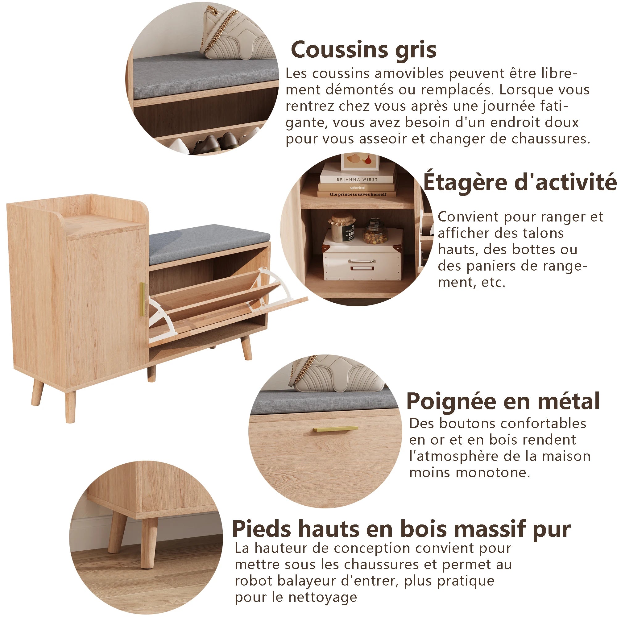 Comanlai Shoe Cabinet, Shoe Bench with Seat, Entrance Furniture for Shoe Cabinet, for Bedroom, Living Room,Entrance, Wood Color