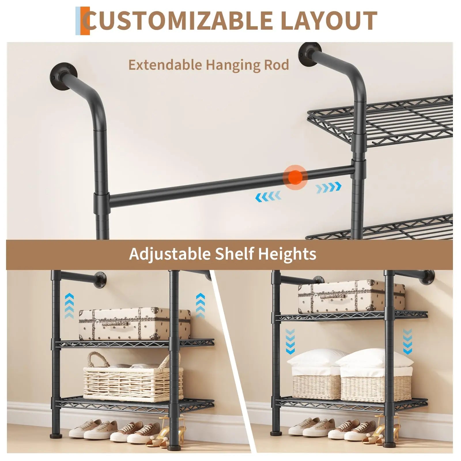 Wall Mounted Pipe Closet Organizer – Expandable Carbon Steel Clothes Rack with Wire Shelves – Adjustable Rods – Matte Black Space-Saving Storage Solution