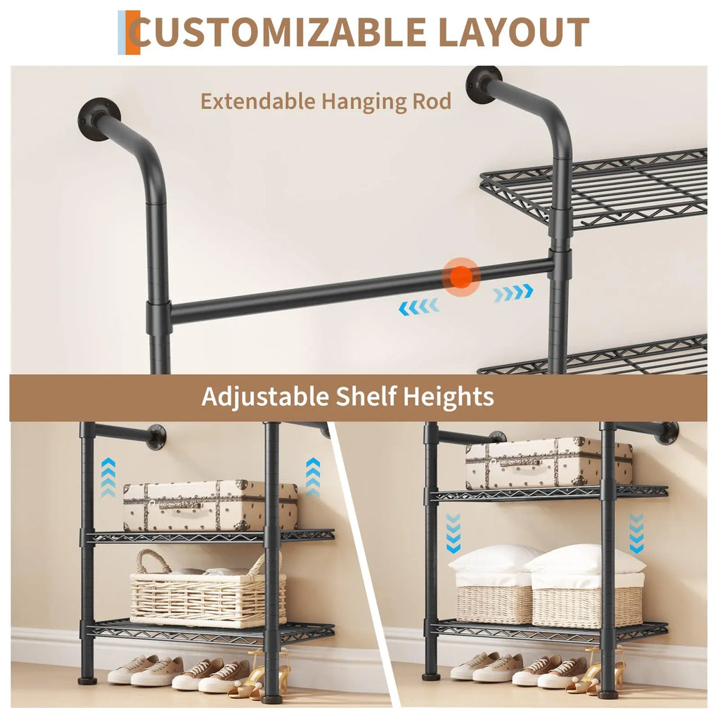 Wall Mounted Pipe Closet Organizer – Expandable Carbon Steel Clothes Rack with Wire Shelves – Adjustable Rods – Matte Black Space-Saving Storage Solution