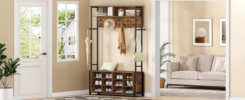 Coat Stand with Shoe Bench, Coat Rack with 13 Hooks, 14 Open Compartments, Adjustable Shelves, Clothes Rack for Hallway