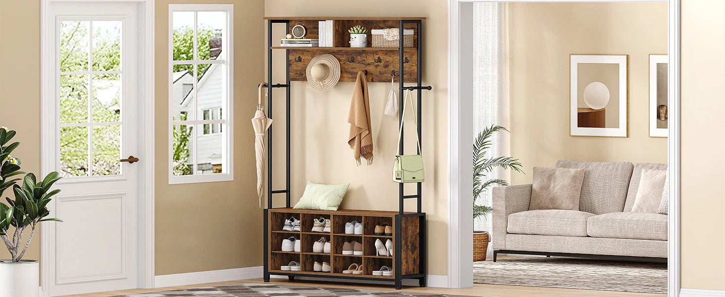 Coat Stand with Shoe Bench, Coat Rack with 13 Hooks, 14 Open Compartments, Adjustable Shelves, Clothes Rack for Hallway