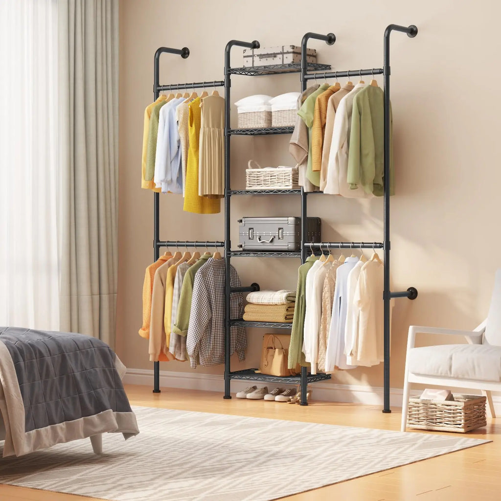 Wall Mounted Pipe Closet Organizer – Expandable Carbon Steel Clothes Rack with Wire Shelves – Adjustable Rods – Matte Black Space-Saving Storage Solution