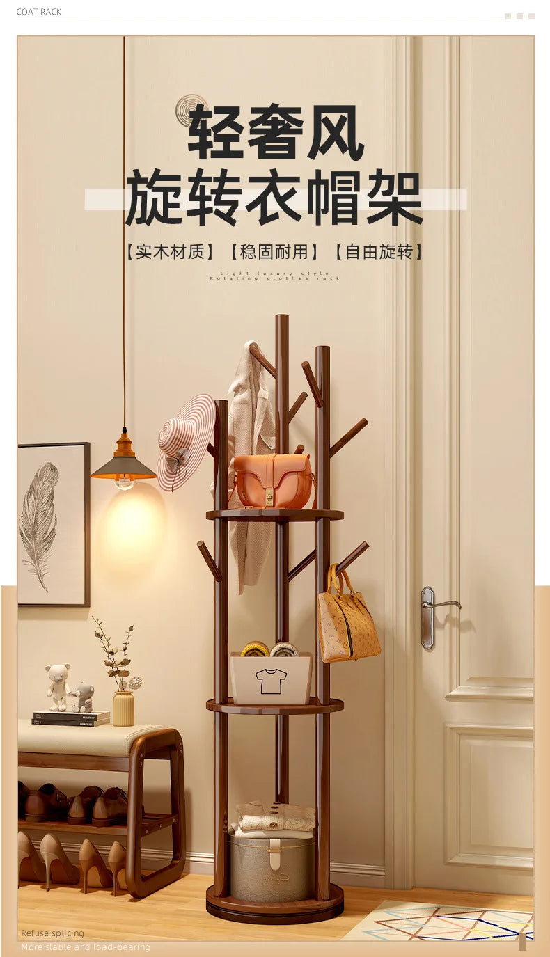 Rotating Wooden Coat Rack Durable Floor Standing Clothes Hanger Bedroom Clothes Rack Stand Space-Saving Storage Rack