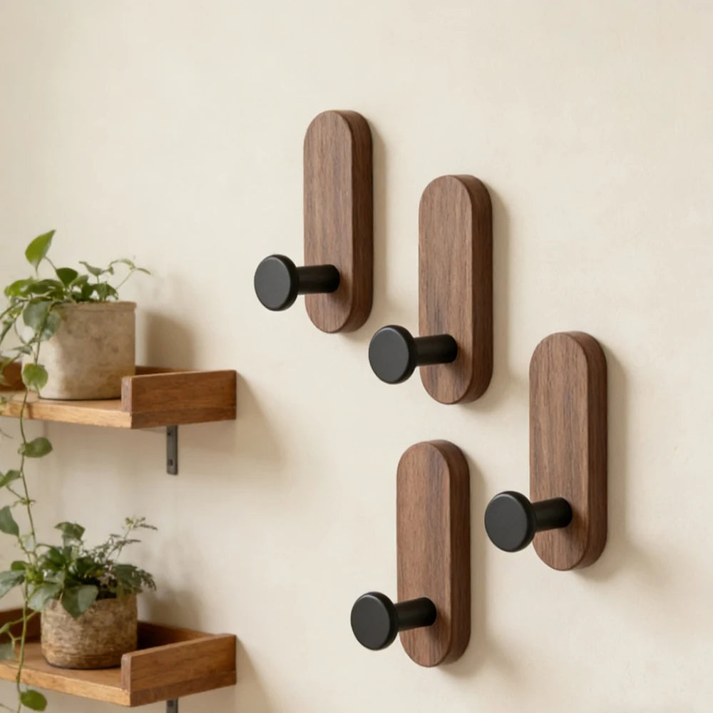 Self-adhesive Solid Wooden Wall Hook for Hanging Key Coat Towel Clothes Towel Bag Hanger Door Hook Coat Rack Entryway Key Holder