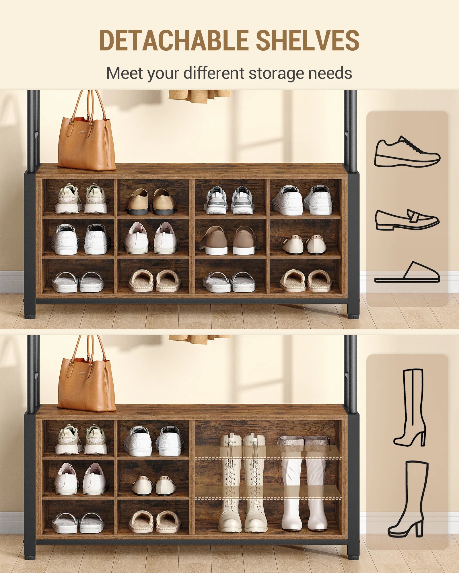 Coat Stand with Shoe Bench, Coat Rack with 13 Hooks, 14 Open Compartments, Adjustable Shelves, Clothes Rack for Hallway