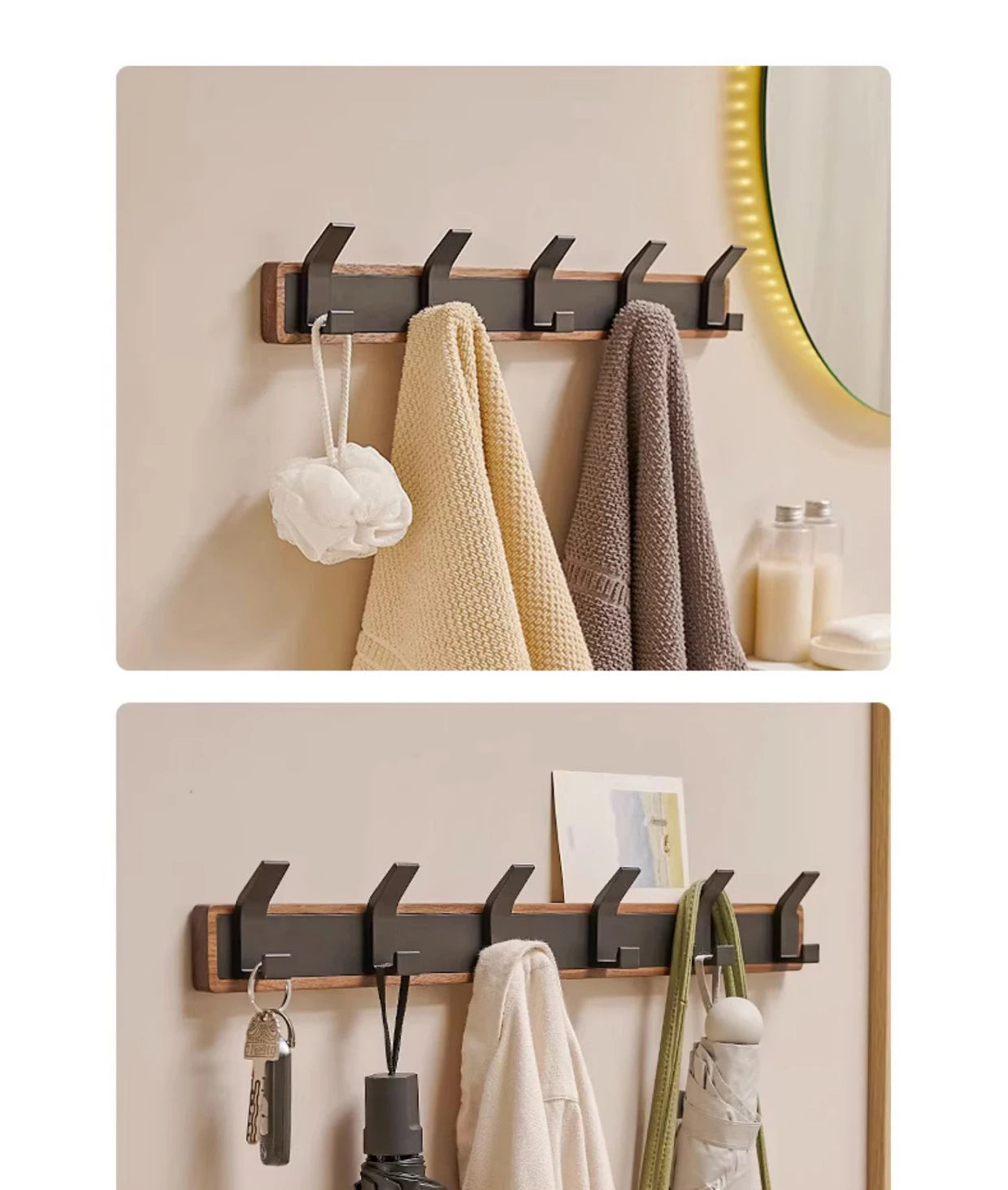 BAKALA-Black Wood Wall Hook, Hanging Coat Rack for Bathroom, Kitchen, Bedroom, Hallway, Clothes Holder