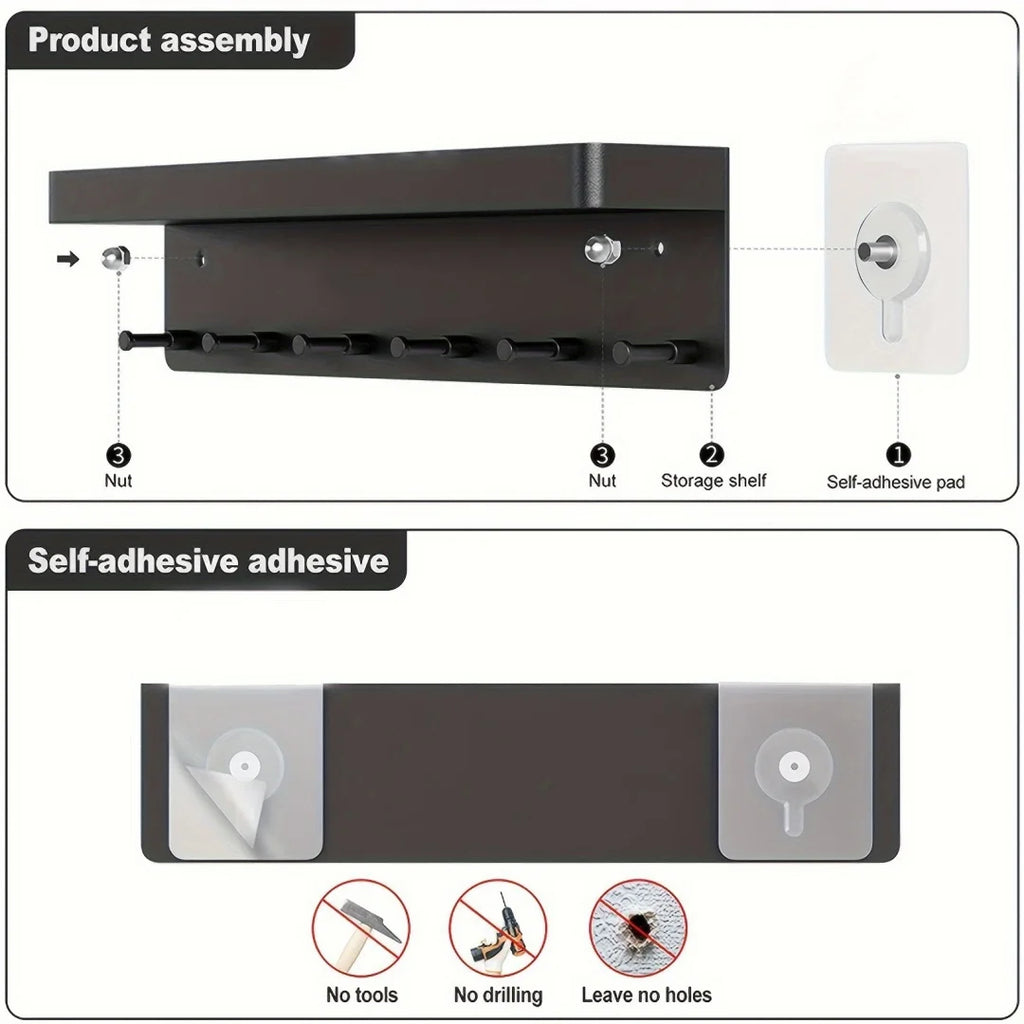 Holder Wall Mount, Key Holder Wall Mount Adhesive with Mail Organizer Tray with 6 Key Hooks for Wall