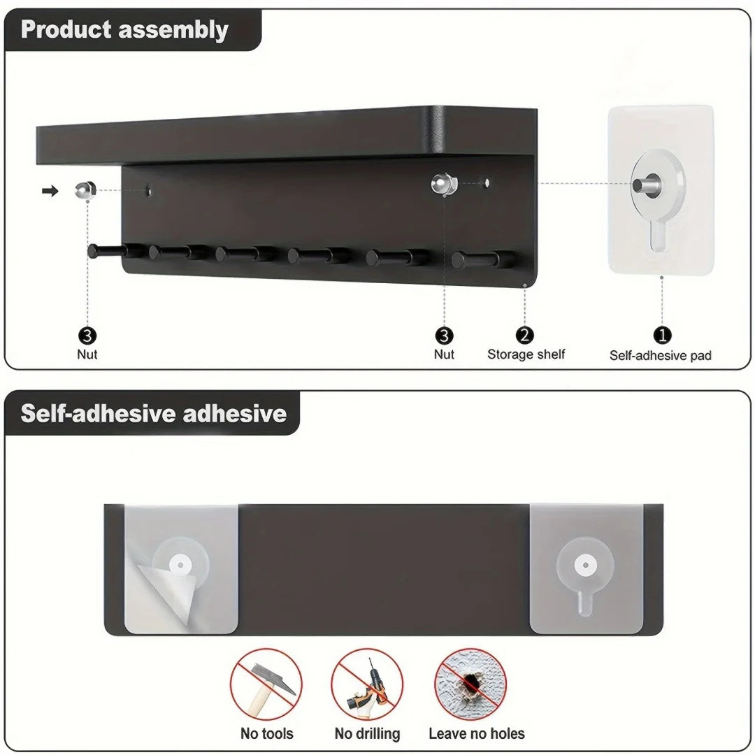 Holder Wall Mount, Key Holder Wall Mount Adhesive with Mail Organizer Tray with 6 Key Hooks for Wall