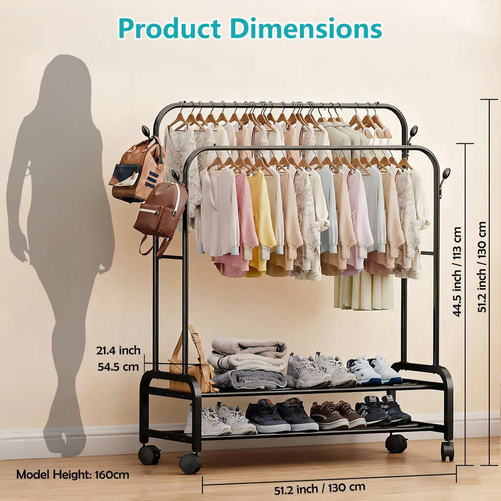 Double-Rail Closet Clothes Rack 2-Layer with Wheels Side Hooks Double Bottom Shelf To 150 lbs for Coats Shoes Organizing