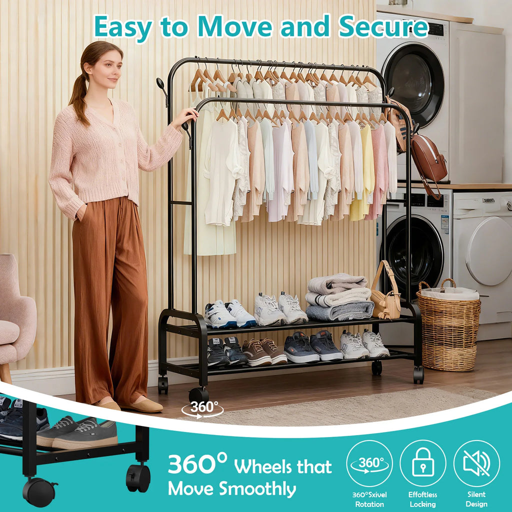 Double-Rail Closet Clothes Rack 2-Layer with Wheels Side Hooks Double Bottom Shelf To 150 lbs for Coats Shoes Organizing