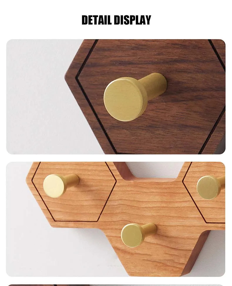 Retro Honeycomb Solid Wood Wall Hooks 4/6/8 Brass Hooks Coat Rack Walnut/Cherry Wood Entryway Clothes Wall Hanging Home Decor
