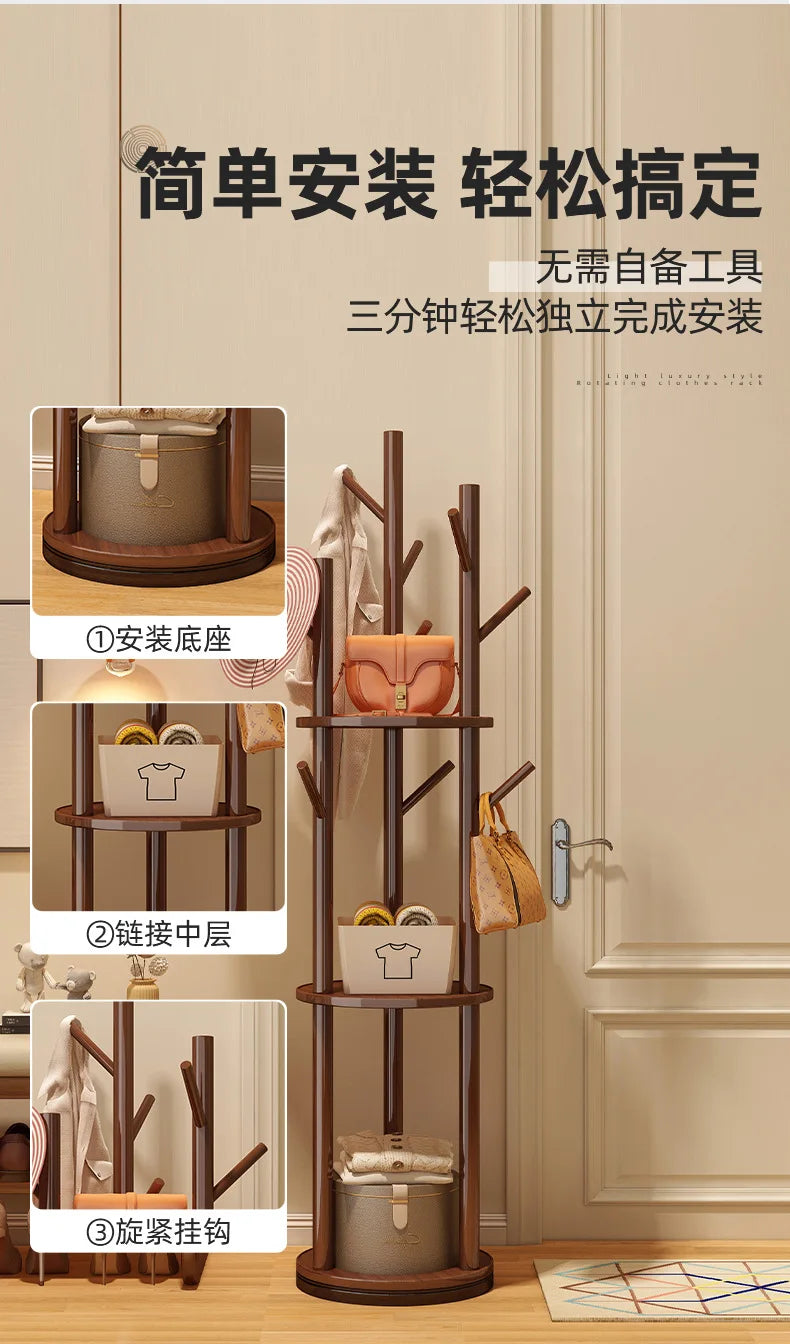 Rotating Wooden Coat Rack Durable Floor Standing Clothes Hanger Bedroom Clothes Rack Stand Space-Saving Storage Rack