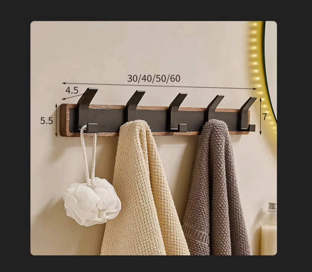 BAKALA-Black Wood Wall Hook, Hanging Coat Rack for Bathroom, Kitchen, Bedroom, Hallway, Clothes Holder