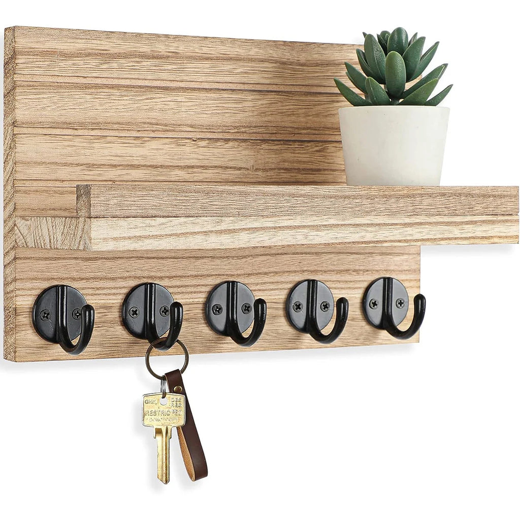 Wooden Key Holder for Entryway Decor Wall Mounted Mail Organizer and Key Hanger with 5 Hooks Rustic Rack for Keys Sunglasses