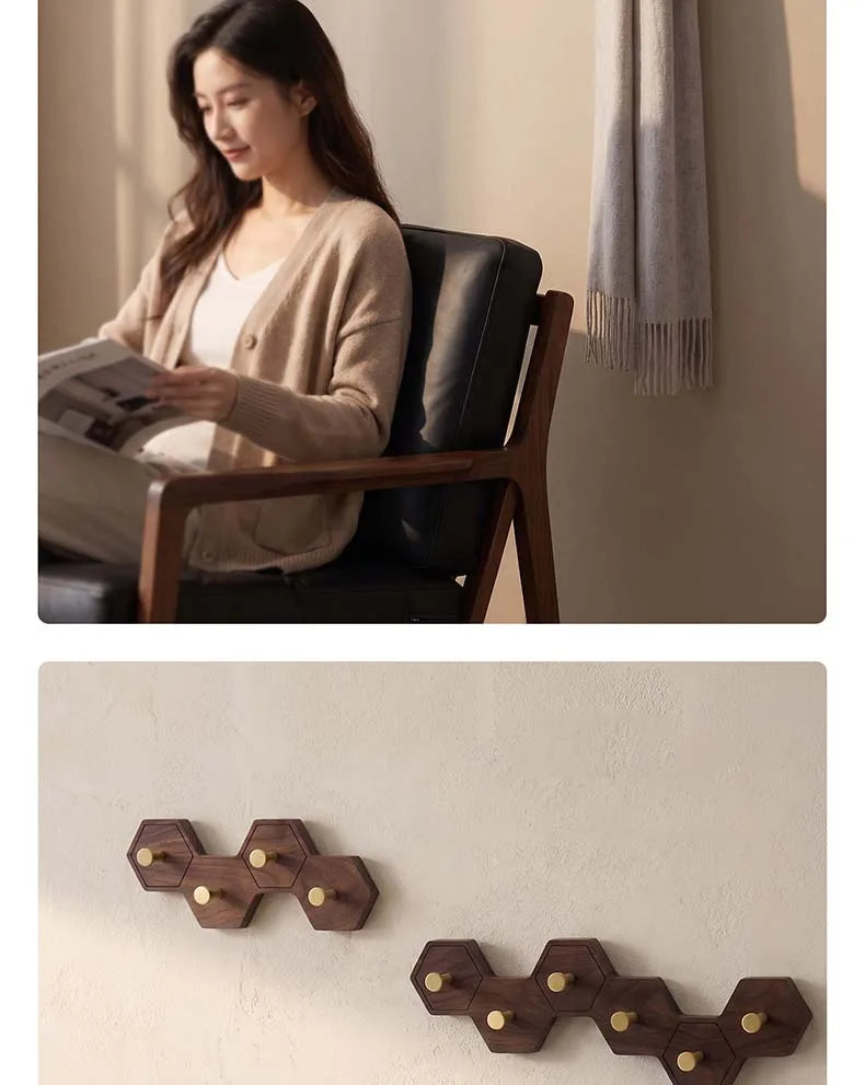 Retro Honeycomb Solid Wood Wall Hooks 4/6/8 Brass Hooks Coat Rack Walnut/Cherry Wood Entryway Clothes Wall Hanging Home Decor