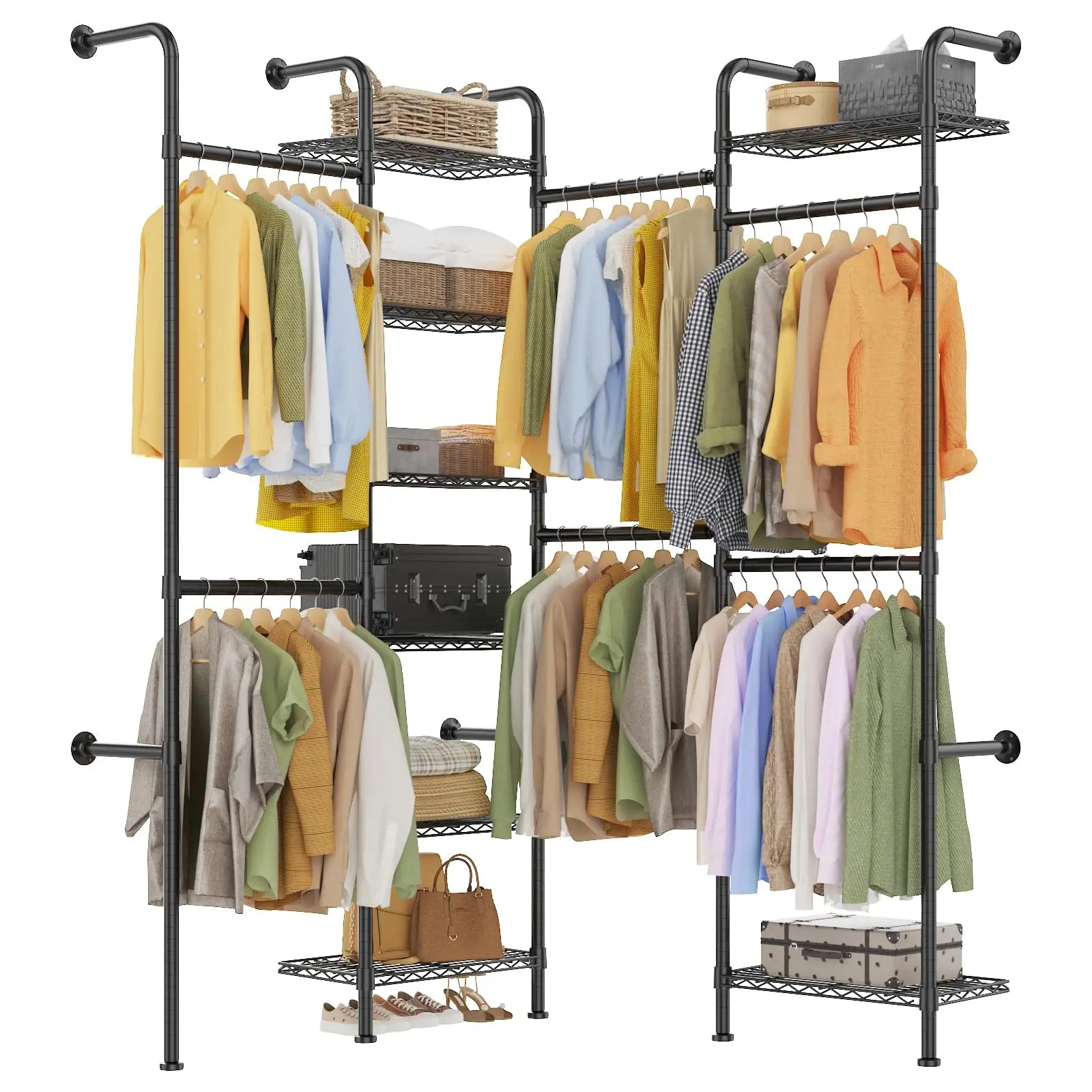 Wall Mounted Pipe Closet Organizer – Expandable Carbon Steel Clothes Rack with Wire Shelves – Adjustable Rods – Matte Black Space-Saving Storage Solution