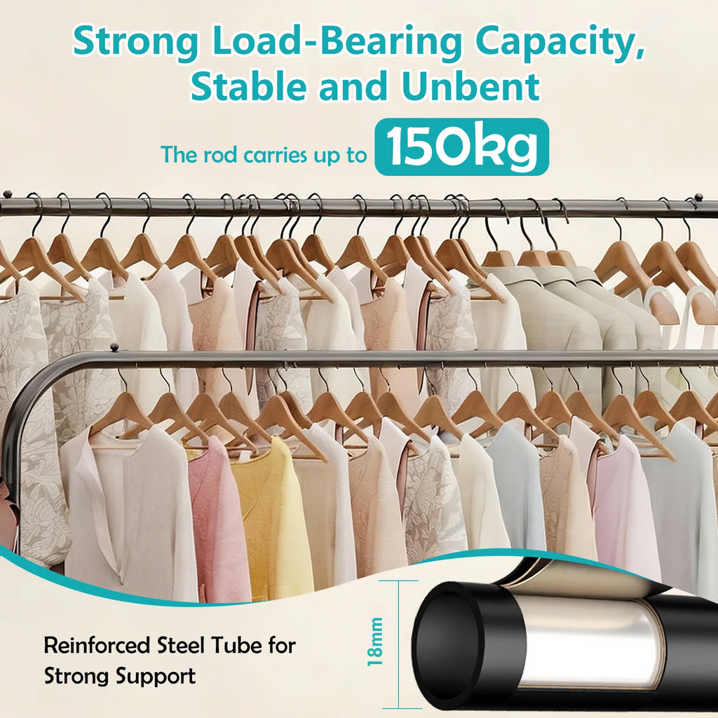 Double-Rail Closet Clothes Rack 2-Layer with Wheels Side Hooks Double Bottom Shelf To 150 lbs for Coats Shoes Organizing