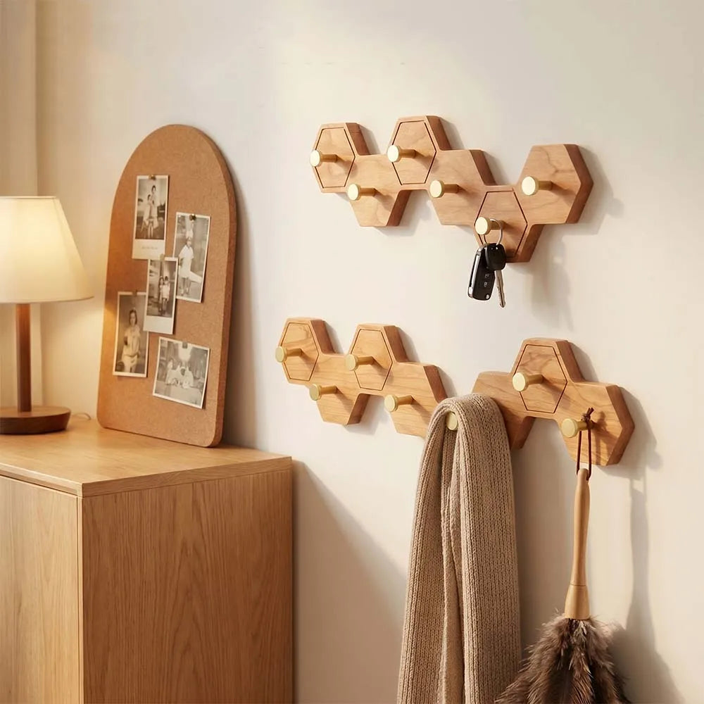 Retro Honeycomb Solid Wood Wall Hooks 4/6/8 Brass Hooks Coat Rack Walnut/Cherry Wood Entryway Clothes Wall Hanging Home Decor