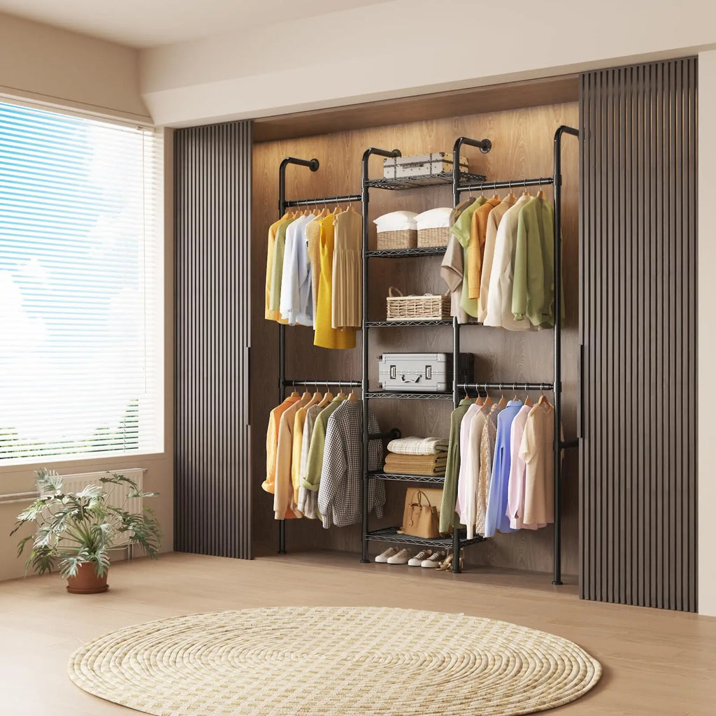 Wall Mounted Pipe Closet Organizer – Expandable Carbon Steel Clothes Rack with Wire Shelves – Adjustable Rods – Matte Black Space-Saving Storage Solution