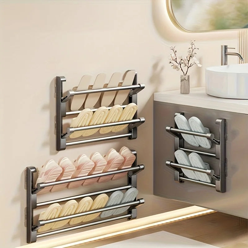 Punch Free Foldable Bathroom Slipper Rack Wall Mount Door Back Drying Shoe Storage Organizer