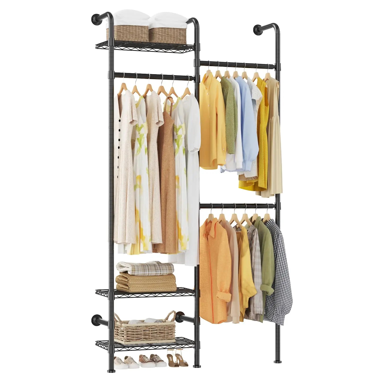 Wall Mounted Pipe Closet Organizer – Expandable Carbon Steel Clothes Rack with Wire Shelves – Adjustable Rods – Matte Black Space-Saving Storage Solution
