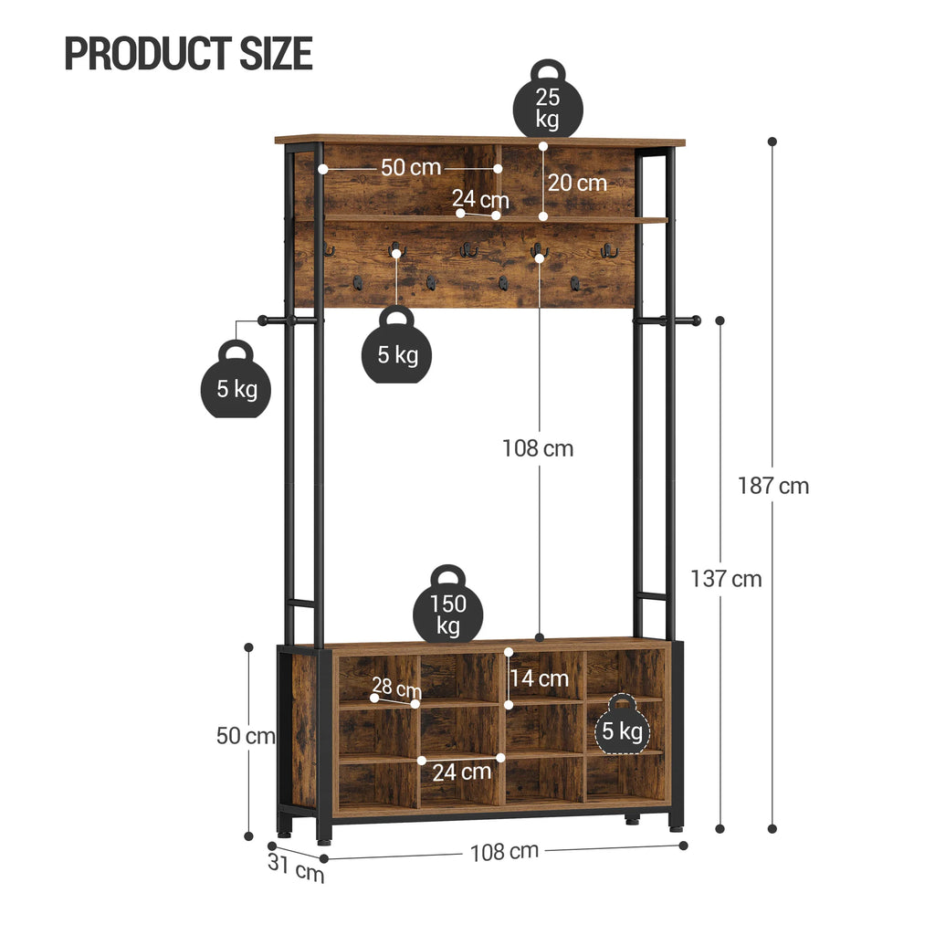 Coat Stand with Shoe Bench, Coat Rack with 13 Hooks, 14 Open Compartments, Adjustable Shelves, Clothes Rack for Hallway