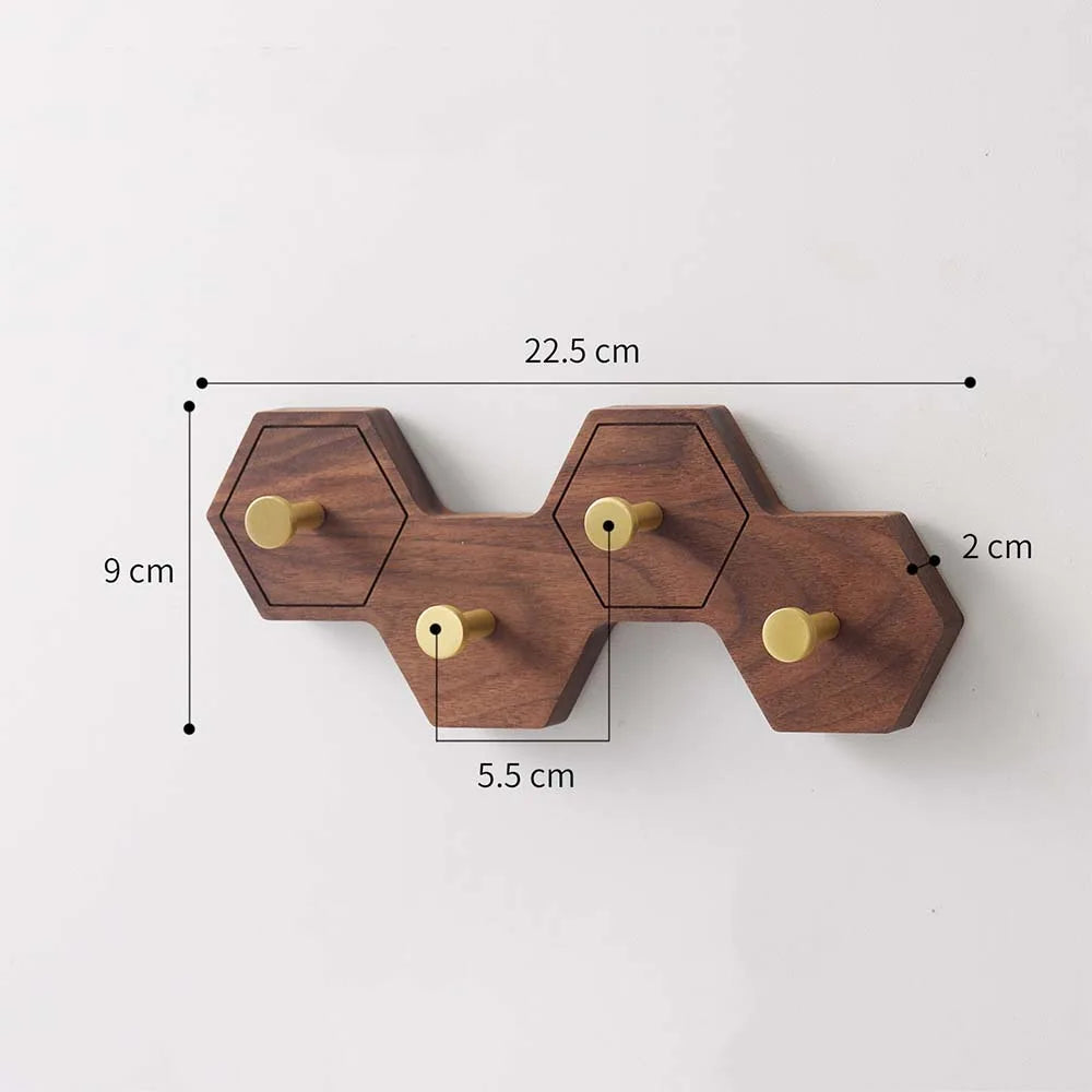 Retro Honeycomb Solid Wood Wall Hooks 4/6/8 Brass Hooks Coat Rack Walnut/Cherry Wood Entryway Clothes Wall Hanging Home Decor