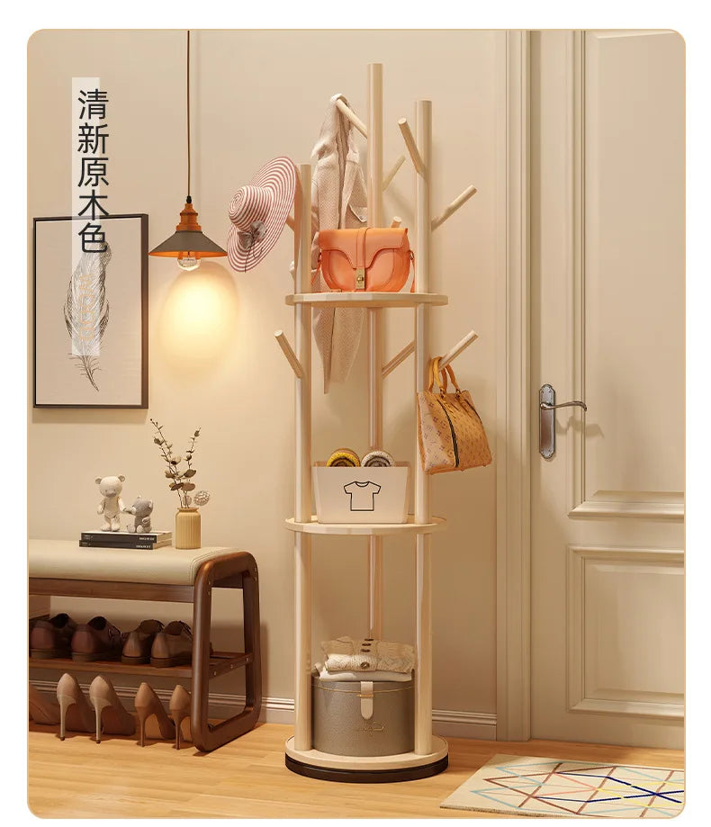 Rotating Wooden Coat Rack Durable Floor Standing Clothes Hanger Bedroom Clothes Rack Stand Space-Saving Storage Rack