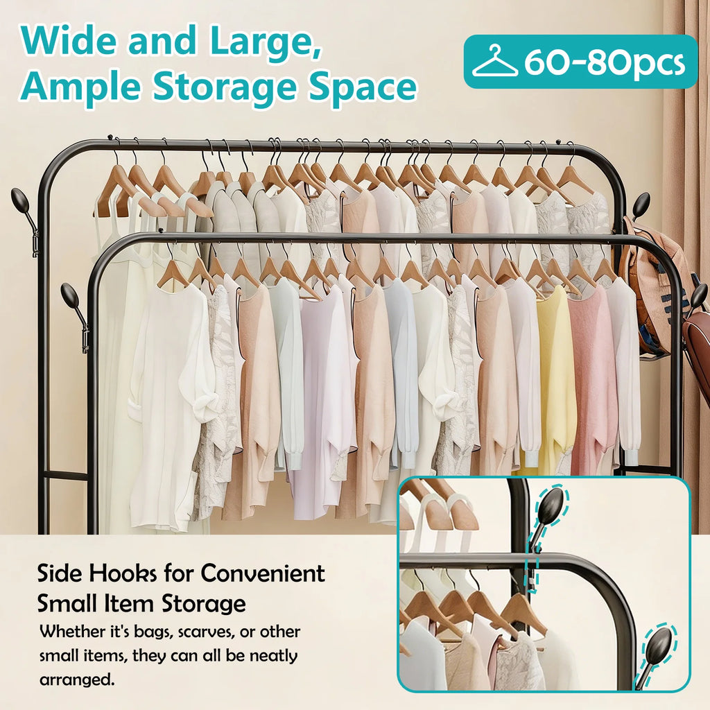 Double-Rail Closet Clothes Rack 2-Layer with Wheels Side Hooks Double Bottom Shelf To 150 lbs for Coats Shoes Organizing