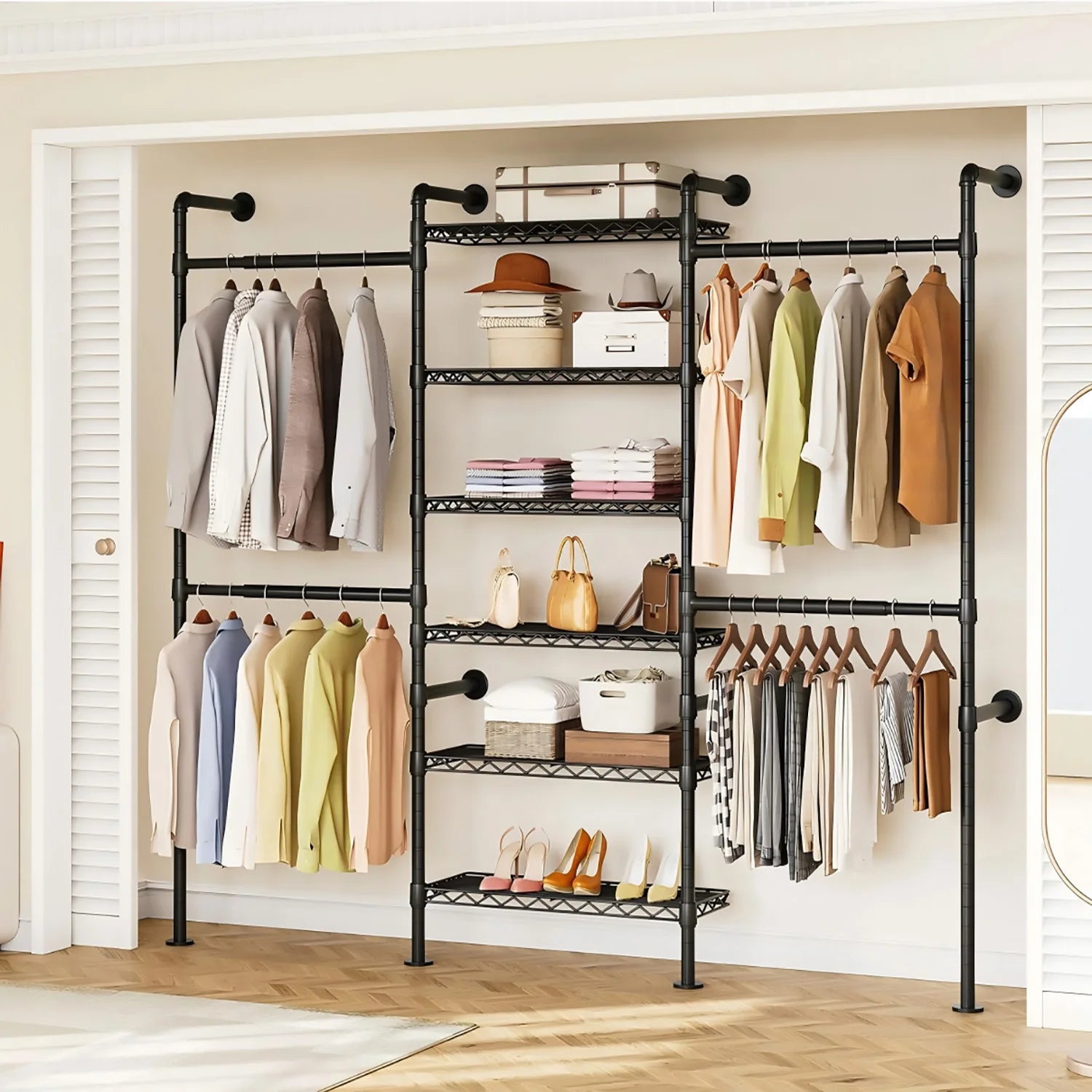 Wall Mounted Pipe Closet Organizer – Expandable Carbon Steel Clothes Rack with Wire Shelves – Adjustable Rods – Matte Black Space-Saving Storage Solution