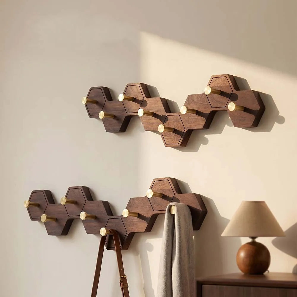 Retro Honeycomb Solid Wood Wall Hooks 4/6/8 Brass Hooks Coat Rack Walnut/Cherry Wood Entryway Clothes Wall Hanging Home Decor
