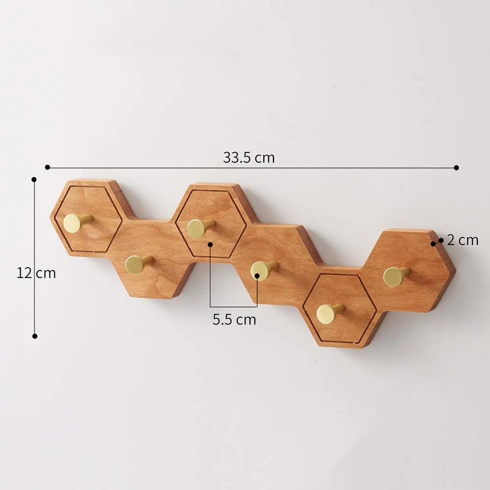 Retro Honeycomb Solid Wood Wall Hooks 4/6/8 Brass Hooks Coat Rack Walnut/Cherry Wood Entryway Clothes Wall Hanging Home Decor