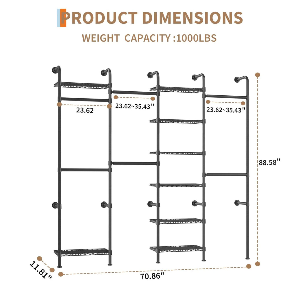 Wall Mounted Pipe Closet Organizer – Expandable Carbon Steel Clothes Rack with Wire Shelves – Adjustable Rods – Matte Black Space-Saving Storage Solution