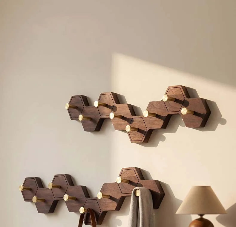 Retro Honeycomb Solid Wood Wall Hooks 4/6/8 Brass Hooks Coat Rack Walnut/Cherry Wood Entryway Clothes Wall Hanging Home Decor