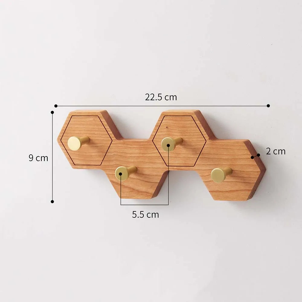 Retro Honeycomb Solid Wood Wall Hooks 4/6/8 Brass Hooks Coat Rack Walnut/Cherry Wood Entryway Clothes Wall Hanging Home Decor
