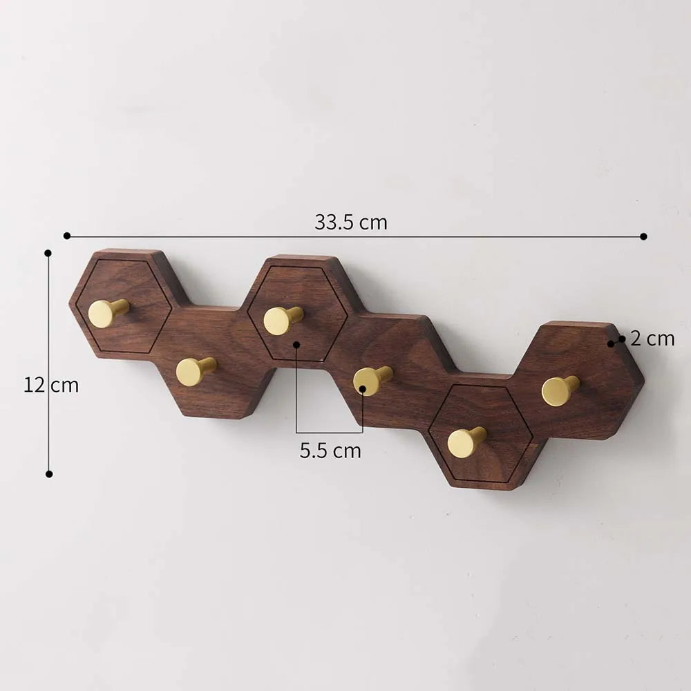 Retro Honeycomb Solid Wood Wall Hooks 4/6/8 Brass Hooks Coat Rack Walnut/Cherry Wood Entryway Clothes Wall Hanging Home Decor