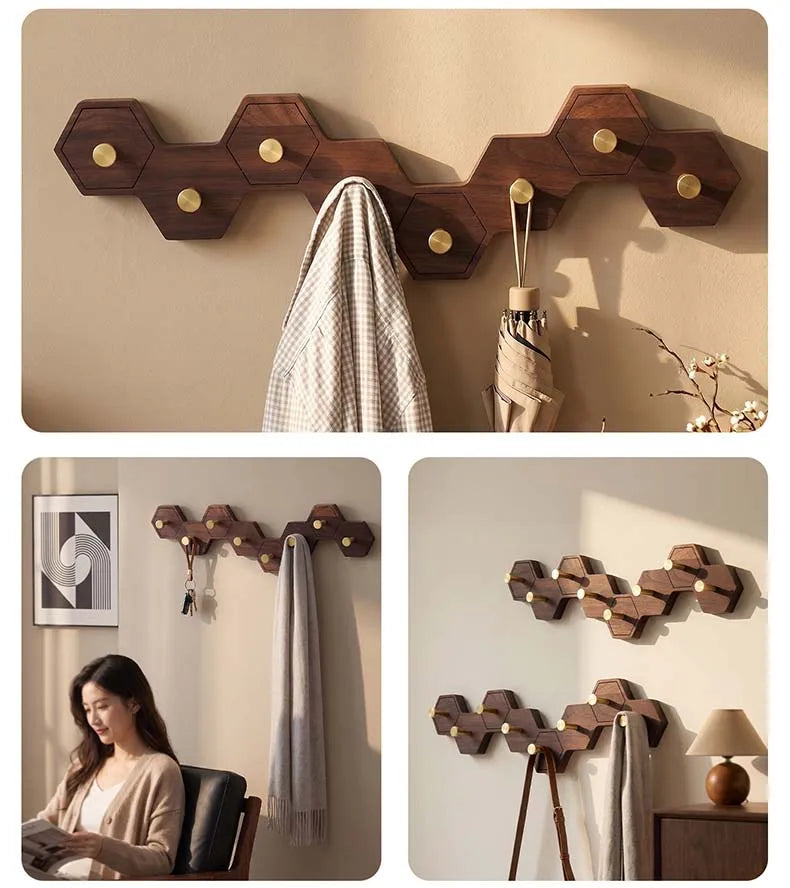 Retro Honeycomb Solid Wood Wall Hooks 4/6/8 Brass Hooks Coat Rack Walnut/Cherry Wood Entryway Clothes Wall Hanging Home Decor