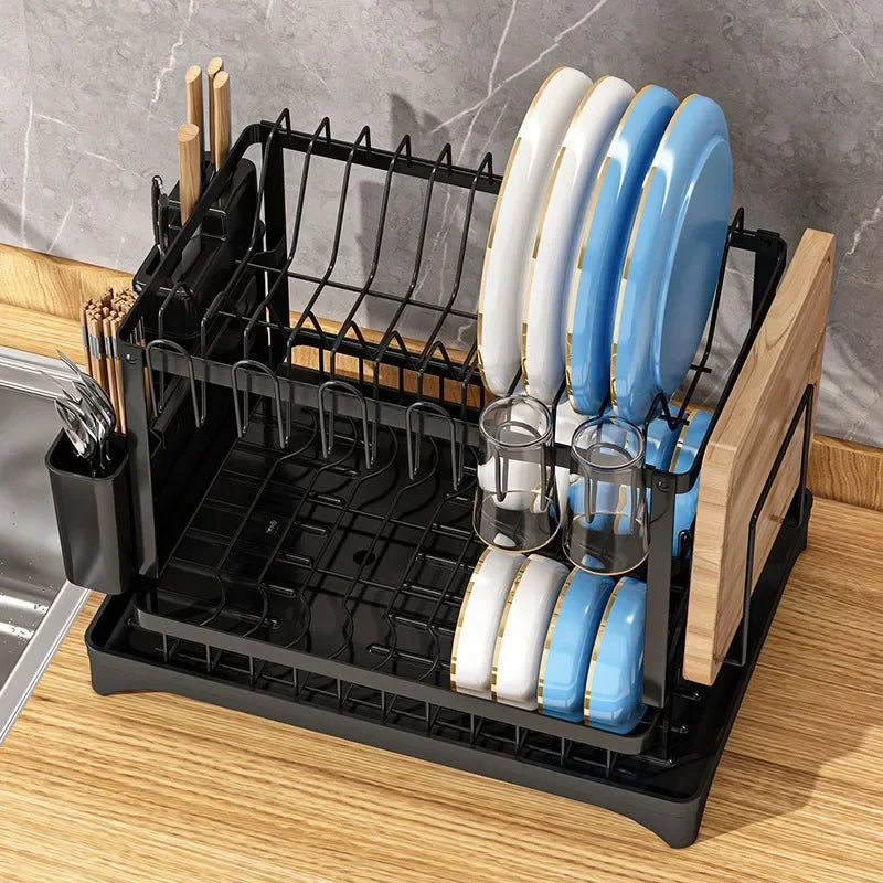 New Dishes Drain Rack Kitchen Tableware Plate Storage Rack Household Multifunctional Tableware Double-layer Shelf