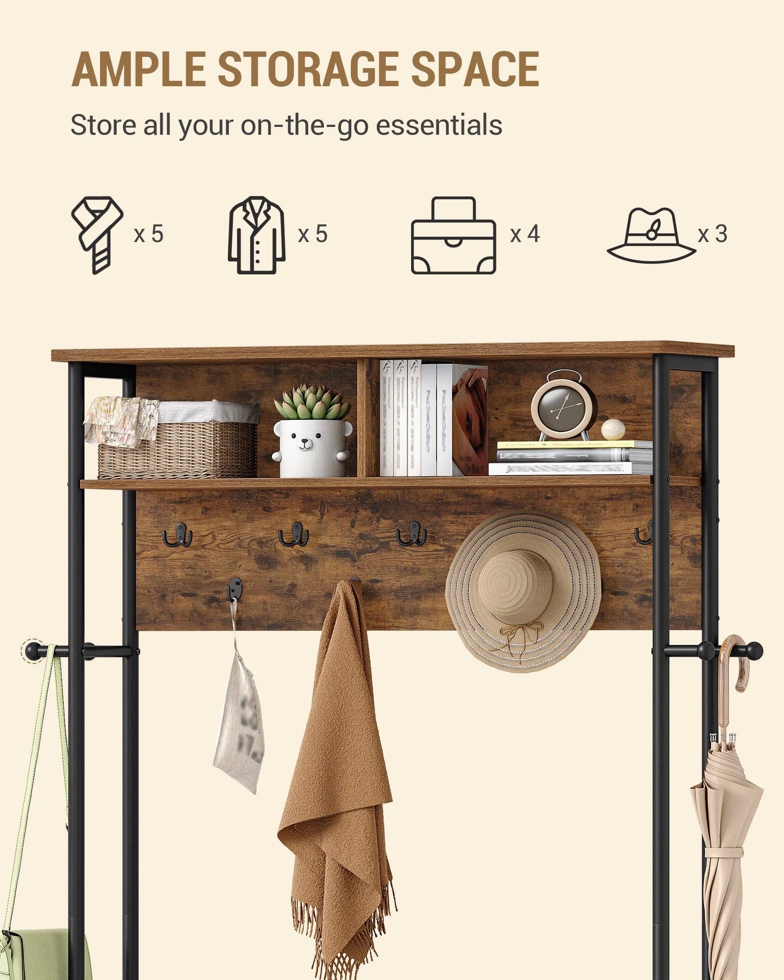 Coat Stand with Shoe Bench, Coat Rack with 13 Hooks, 14 Open Compartments, Adjustable Shelves, Clothes Rack for Hallway