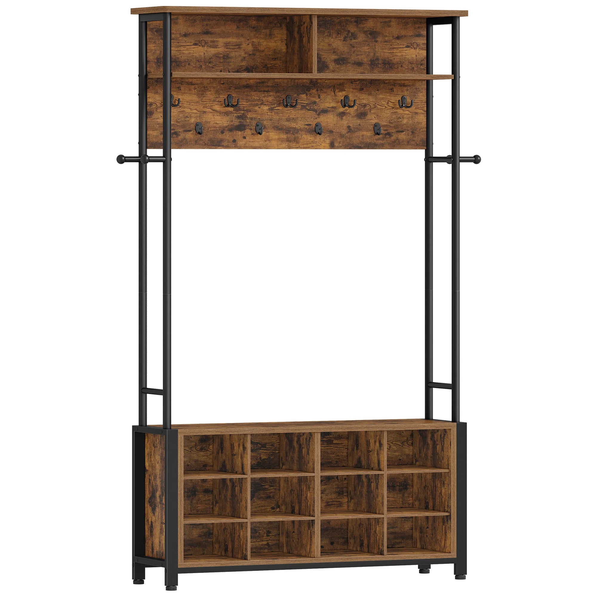 Coat Stand with Shoe Bench, Coat Rack with 13 Hooks, 14 Open Compartments, Adjustable Shelves, Clothes Rack for Hallway