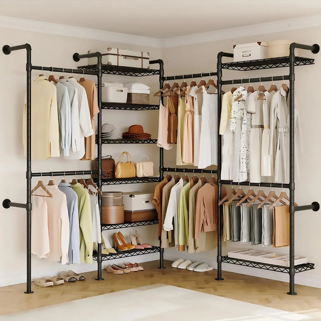 Wall Mounted Pipe Closet Organizer – Expandable Carbon Steel Clothes Rack with Wire Shelves – Adjustable Rods – Matte Black Space-Saving Storage Solution