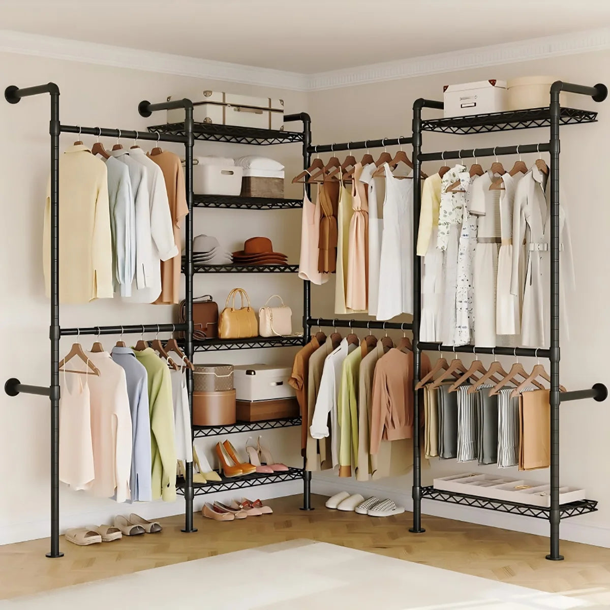 Wall Mounted Pipe Closet Organizer – Expandable Carbon Steel Clothes Rack with Wire Shelves – Adjustable Rods – Matte Black Space-Saving Storage Solution