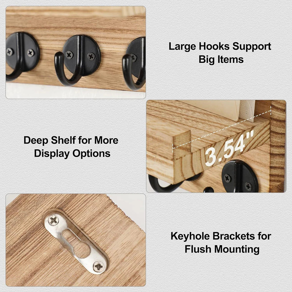 Wooden Key Holder for Entryway Decor Wall Mounted Mail Organizer and Key Hanger with 5 Hooks Rustic Rack for Keys Sunglasses