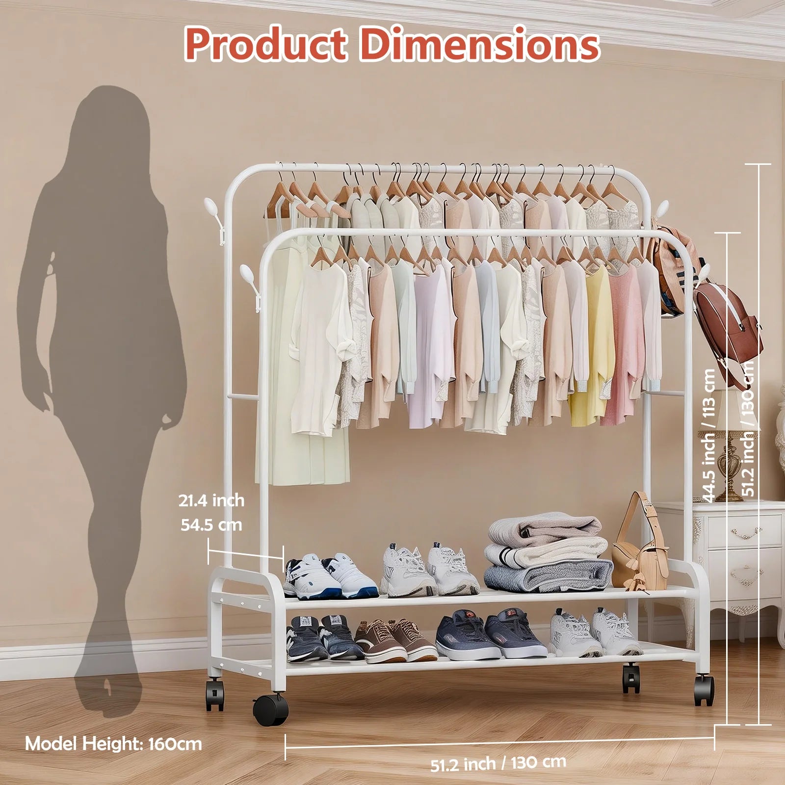 Double-Rail Closet Clothes Rack 2-Layer with Wheels Side Hooks Double Bottom Shelf To 150 lbs for Coats Shoes Organizing
