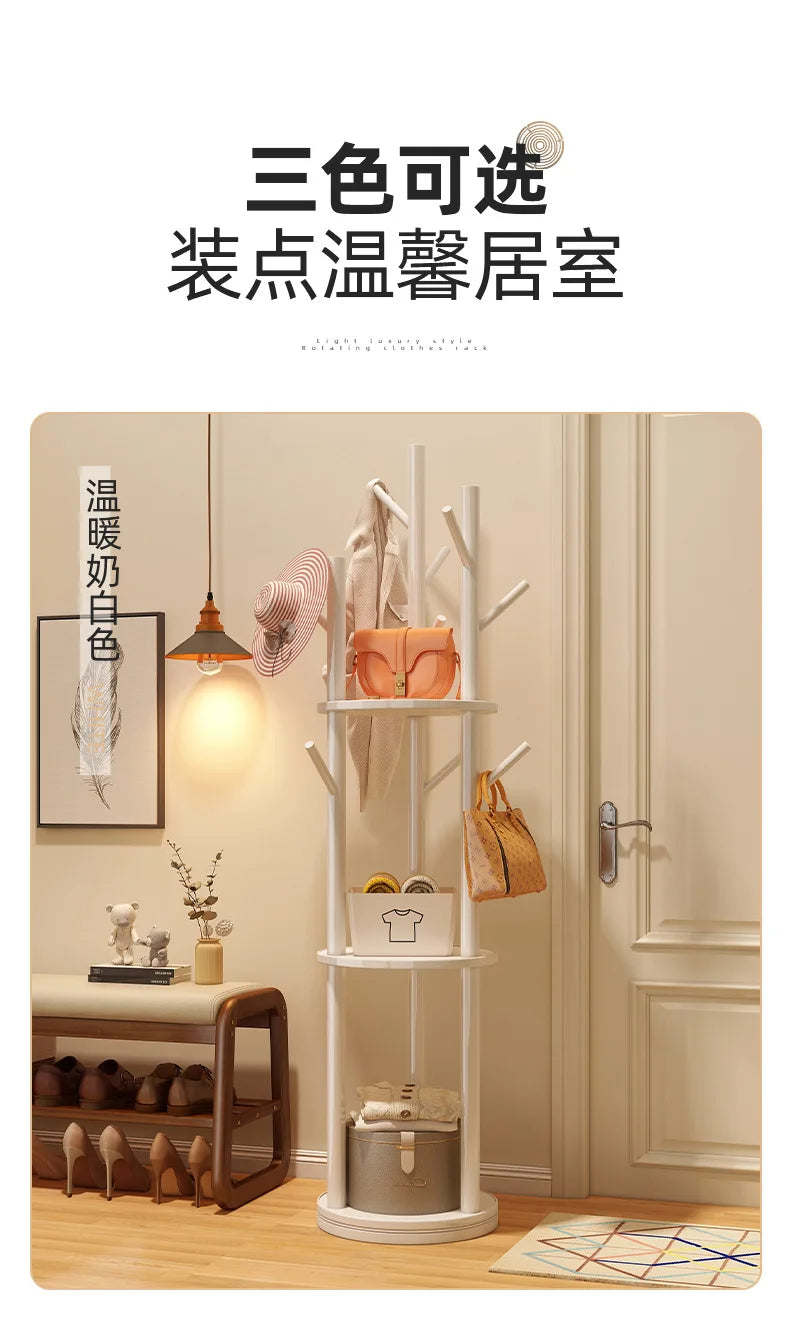 Rotating Wooden Coat Rack Durable Floor Standing Clothes Hanger Bedroom Clothes Rack Stand Space-Saving Storage Rack
