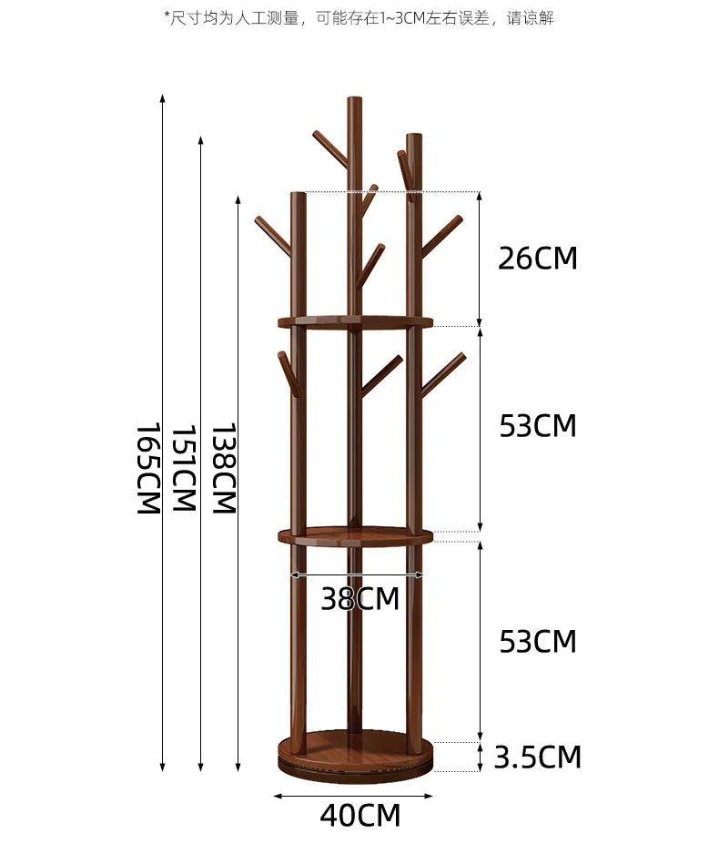 Rotating Wooden Coat Rack Durable Floor Standing Clothes Hanger Bedroom Clothes Rack Stand Space-Saving Storage Rack