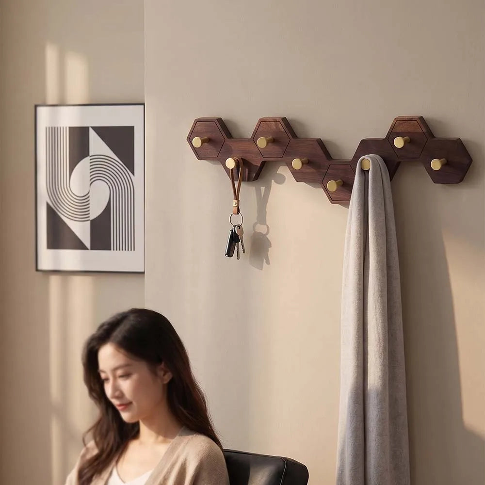Retro Honeycomb Solid Wood Wall Hooks 4/6/8 Brass Hooks Coat Rack Walnut/Cherry Wood Entryway Clothes Wall Hanging Home Decor