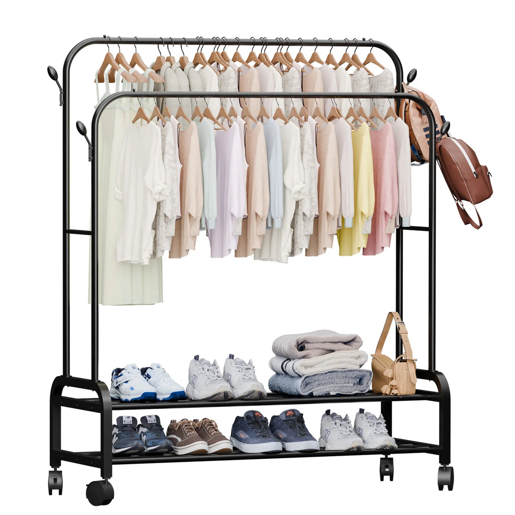 Double-Rail Closet Clothes Rack 2-Layer with Wheels Side Hooks Double Bottom Shelf To 150 lbs for Coats Shoes Organizing